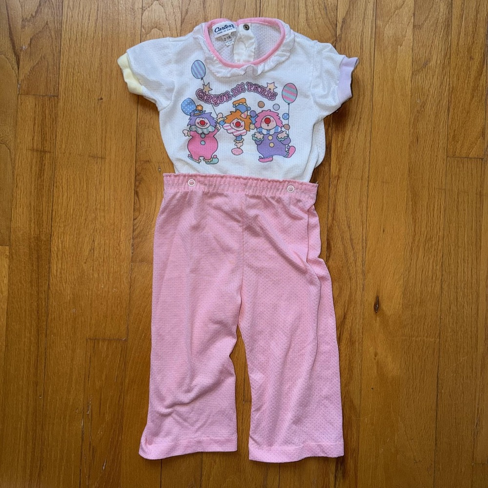 Vintage Carter's Pajama‎ Set 2T Pink Circus Clown Ruffle Knit USA Snap Waist
